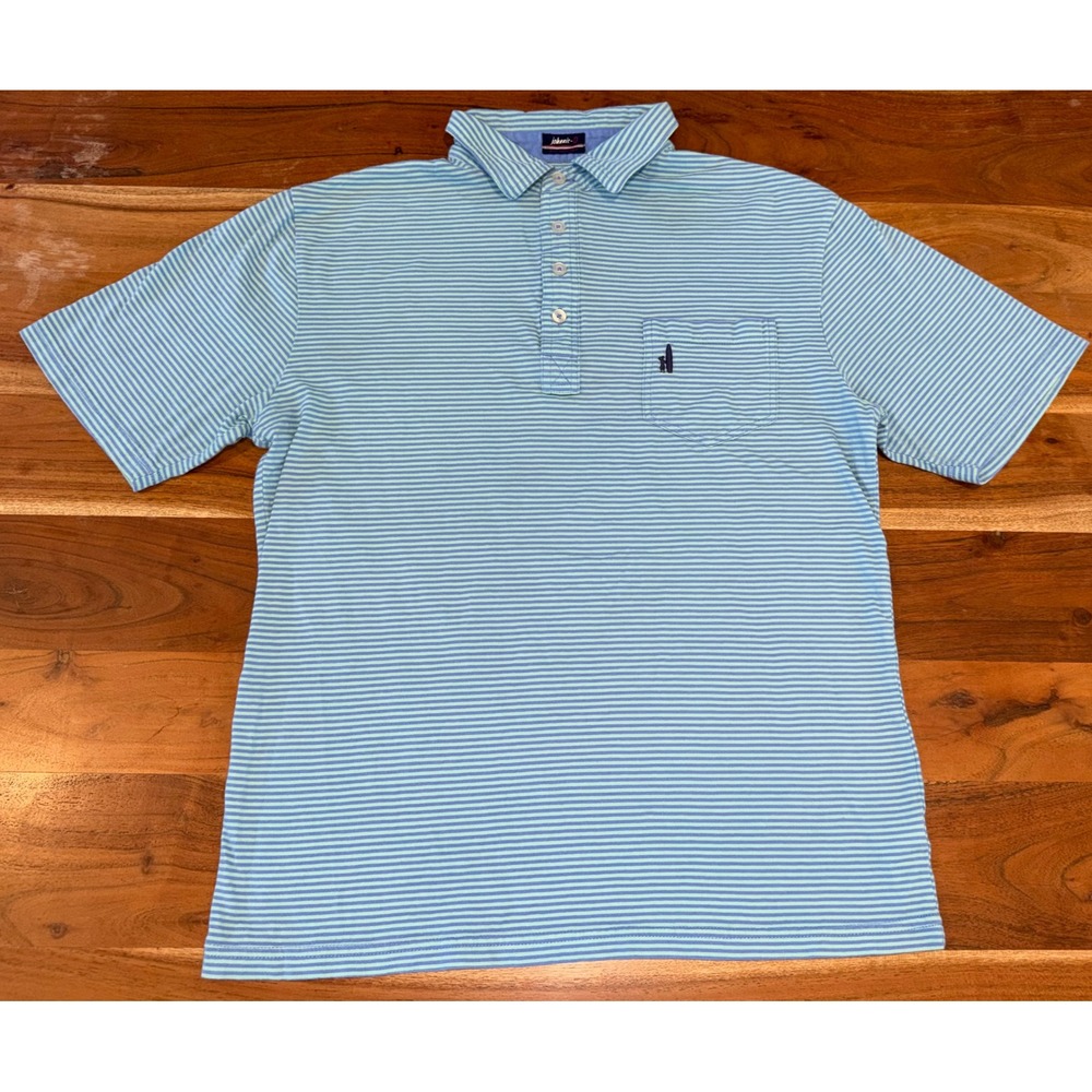 Johnnie-O West Coast Prep Mens Medium Blue Green Striped Cotton Pocket Polo